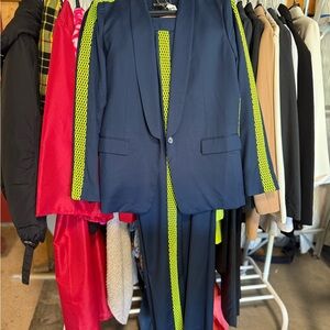 Wildfang Empower Navy Suit Set - Blazer XL & Pants 14 Neon Mesh Trim